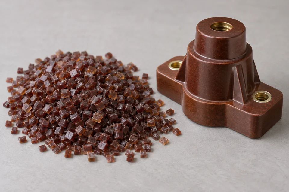 phenolic resin moulding granules beside a brown thermoset insulating component