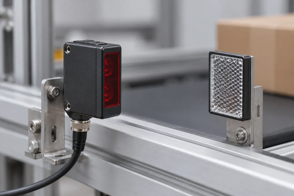 A rectangular industrial photoelectric sensor with red optical window and mounting holes facing a small retroreflector; actual physical devices, no beam arrows.