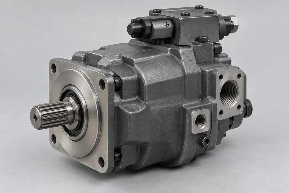 compact hydraulic axial piston pump showing drive shaft and hydraulic ports in a metal housing
