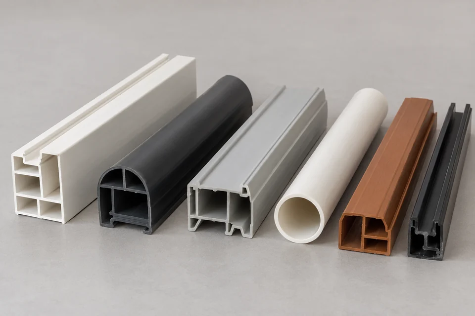 several finished extruded plastic profiles with different hollow cross sections resting on a neutral background, no machine