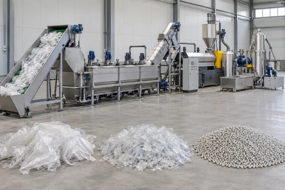 plastic film recycling wash and extrusion line with clean recovered film flakes and small pellet samples
