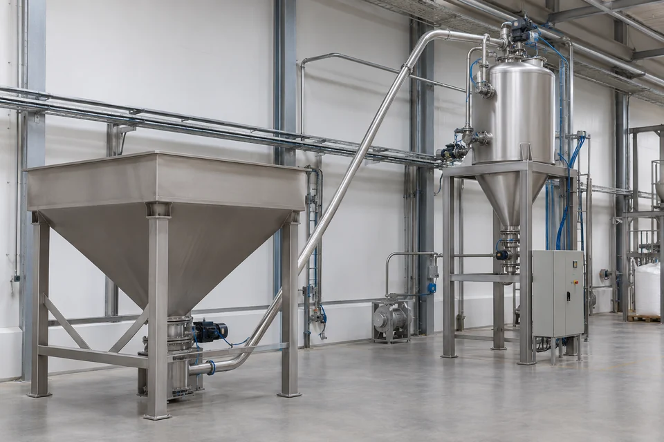 pneumatic conveying installation with hopper, receiver vessel and stainless pipe routing in a factory