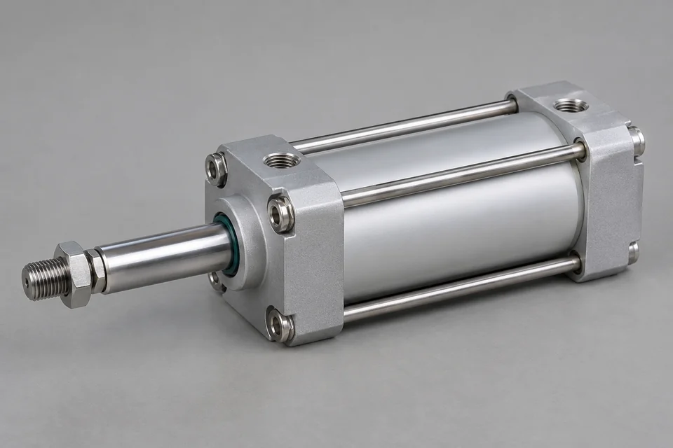 compact pneumatic cylinder with aluminum end caps, extended rod and threaded air ports