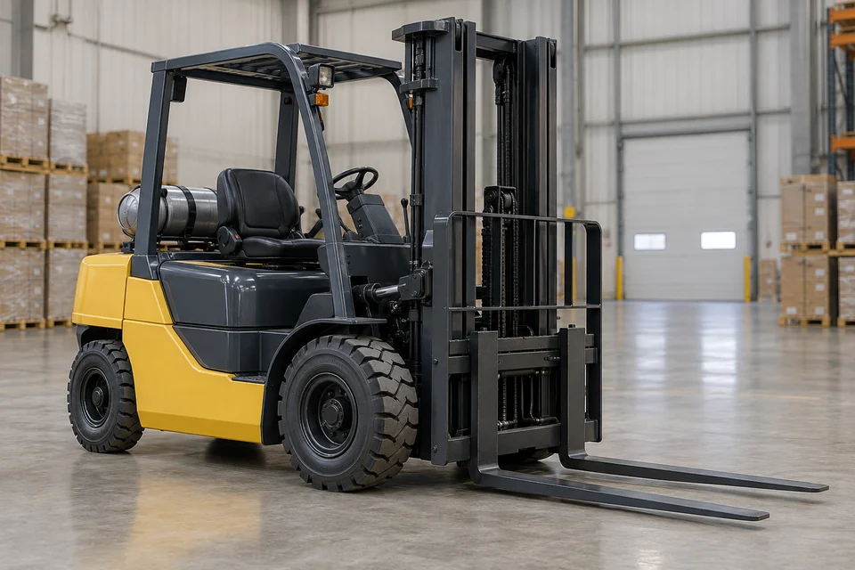 industrial forklift with pneumatic tires and fork tines in a warehouse, no driver
