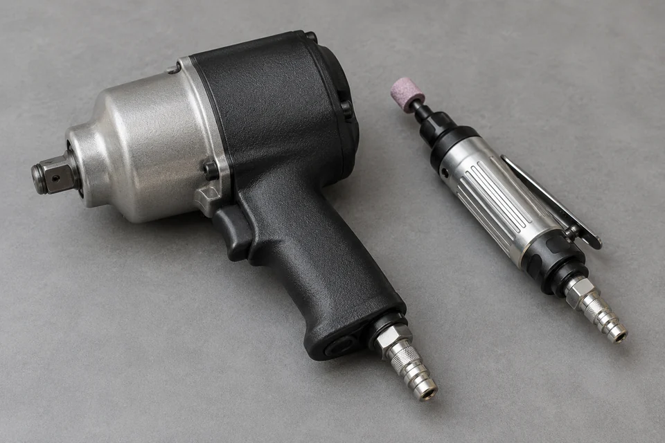 unbranded pneumatic impact wrench and small air powered die grinder with air hose connectors