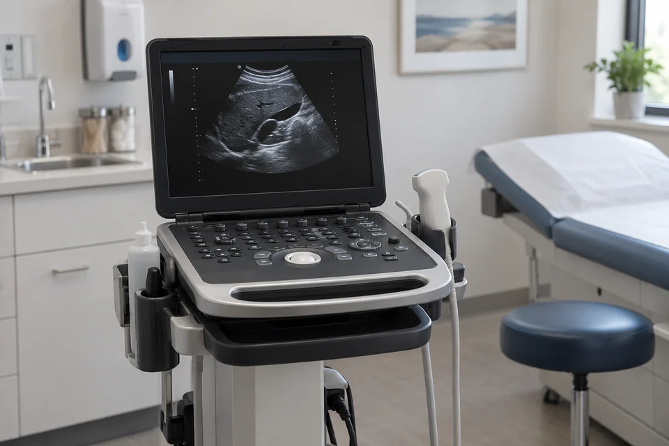 point-of-care portable ultrasound system with probe in examination room