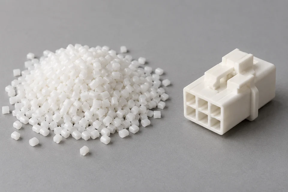 PBT resin pellets beside a representative electrical connector body