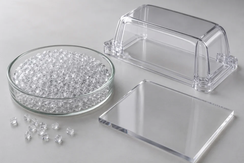 Clear polycarbonate pellets in a glass dish beside a transparent rigid moulded cover and a short clear sheet sample, neutral studio background.