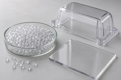 Clear polycarbonate pellets in a glass dish beside a transparent rigid moulded cover and a short clear sheet sample, neutral studio background.