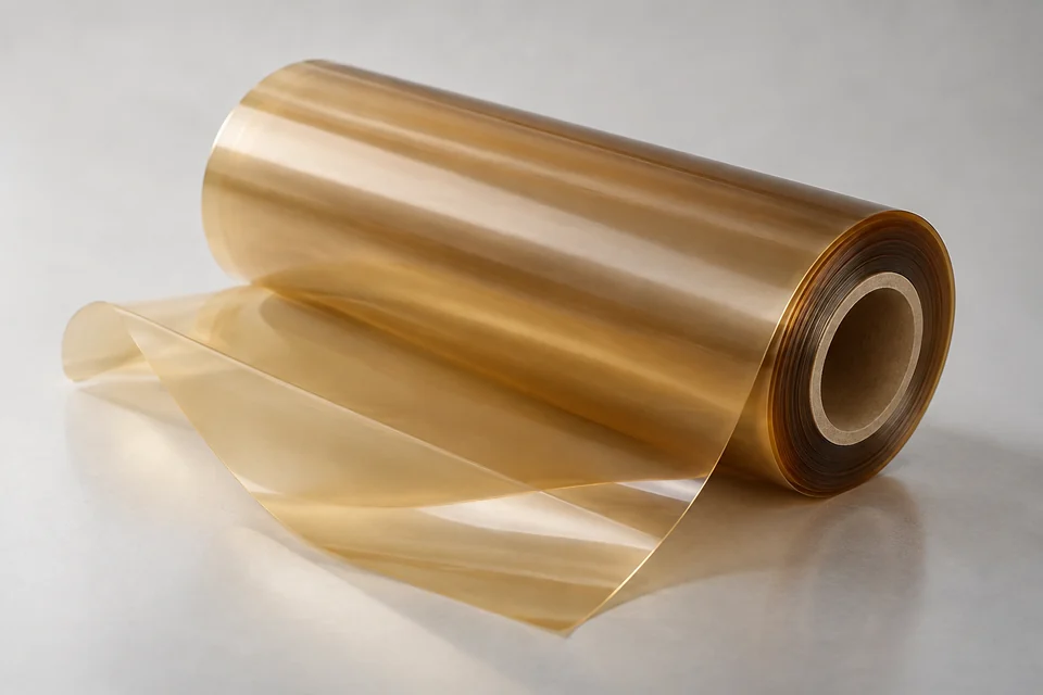 A thin amber translucent PEEK film roll on a narrow core with a short curled film sheet and softly reflected light, close material photography.