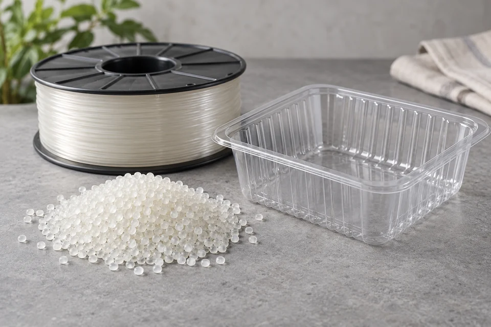 Translucent natural PLA resin pellets beside an unbranded clear thermoformed food tray and a simple spool of polymer filament, neutral material bench.