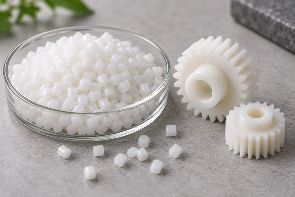Natural white POM resin pellets in a shallow dish beside two small precision moulded plastic gears, macro material product photo.