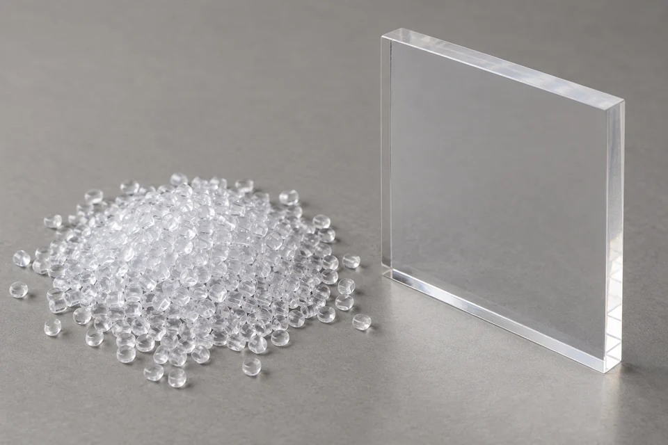 polystyrene resin pellets beside rigid transparent polystyrene specimen