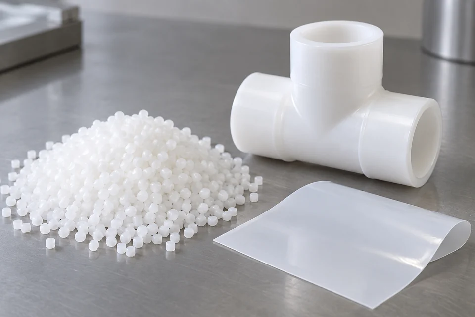 White PVDF resin pellets beside a clean white fluoropolymer pipe fitting and a small smooth film sample, realistic material bench.
