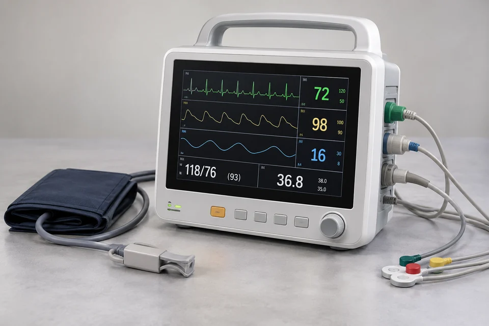 portable patient monitor with screen, carrying handle and sensor connections
