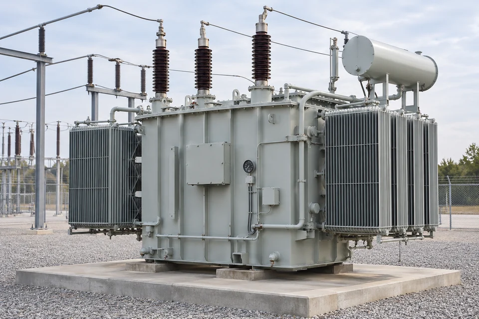 A utility power transformer with external cooling radiator banks, top bushings and conservative steel tank on a substation concrete pad, whole equipment visible.