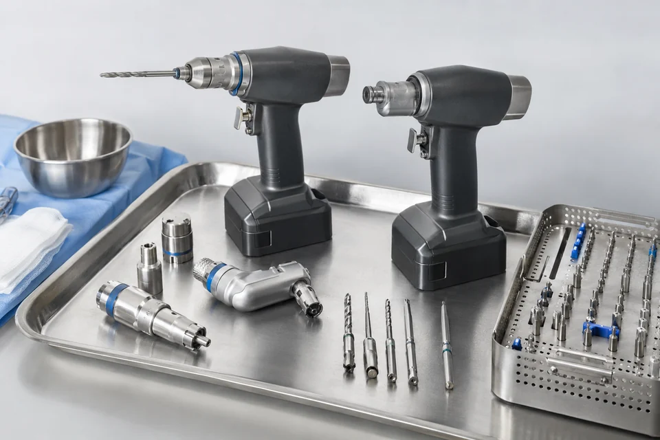 powered surgical drill and driver instruments on sterile-looking tray