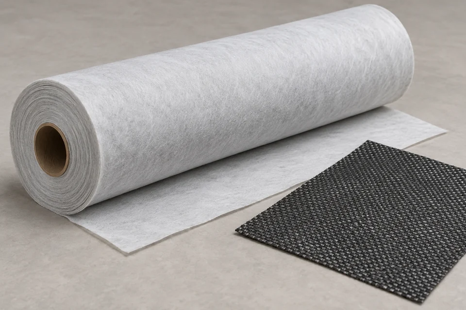 polypropylene geotextile roll beside woven fabric swatch