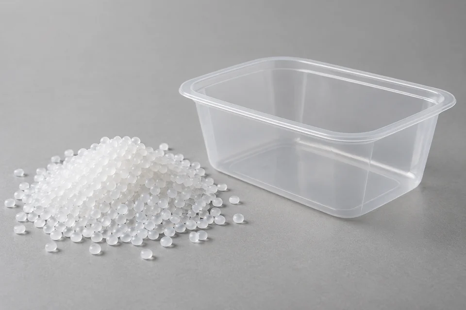 polypropylene resin granules beside a thin-wall moulded food container