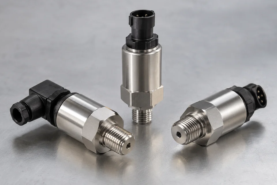 Three compact industrial pressure transducers with stainless steel threaded process fittings, hexagonal spanner flats and sealed electrical connector ends.