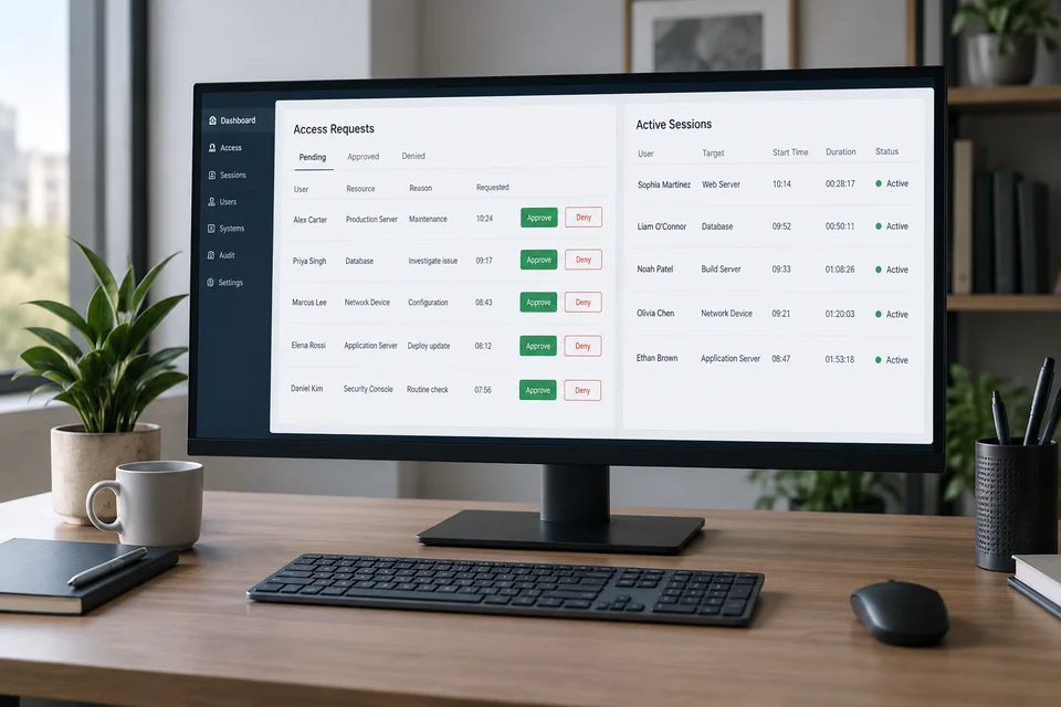 privileged access management software represented by administrator workstation with access approval and session overview interface