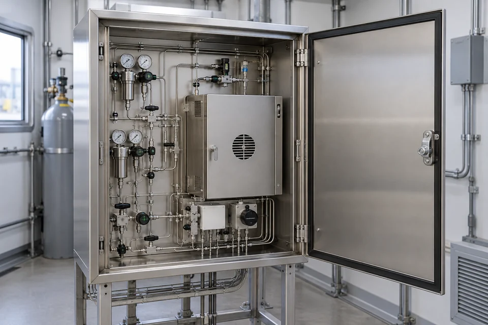A process gas chromatograph analyser cabinet with hinged metal door open showing orderly stainless sample tubing, regulators and a compact column oven compartment; indoor industrial analyser shelter.
