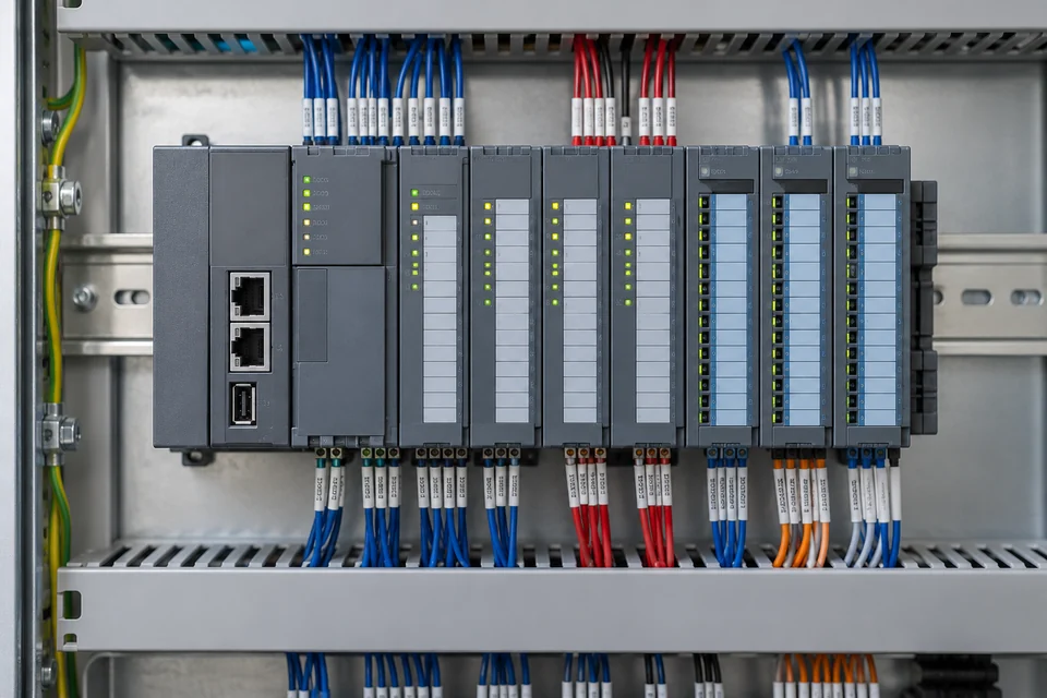 A modular industrial PLC mounted on DIN rail with CPU, digital and analogue I/O modules, neatly terminated field wiring, close view of a real control cabinet.