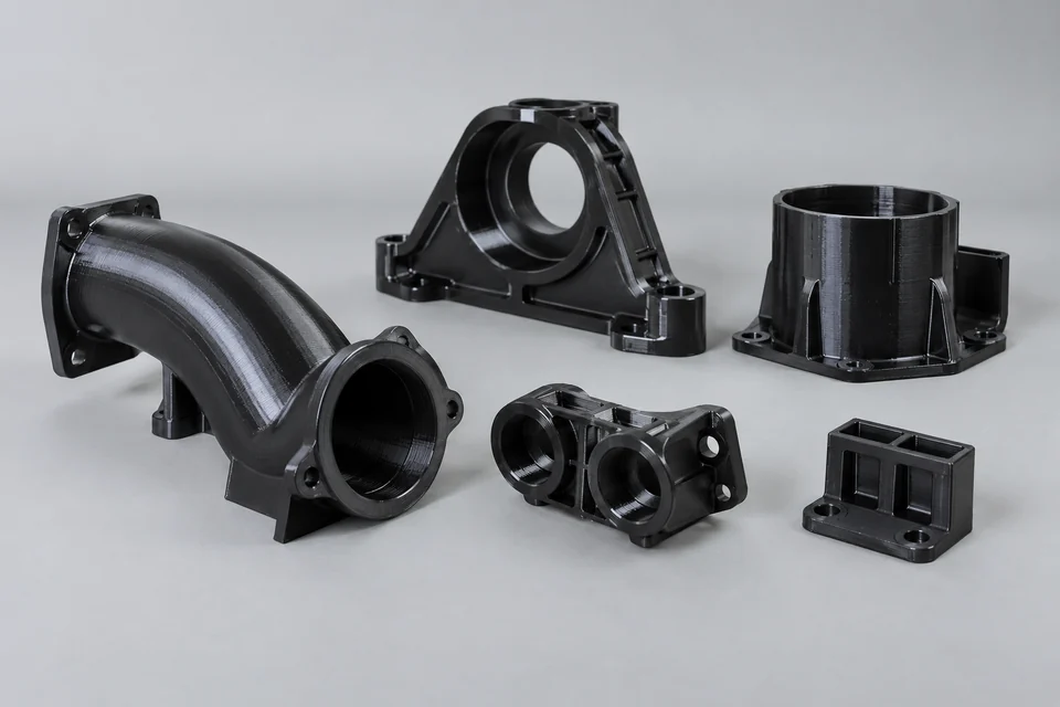3D printed polymer parts with protective coating applied, intact finished components
