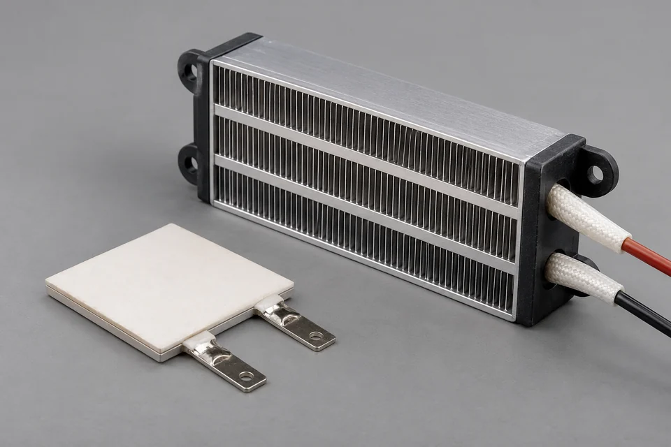 Two PTC ceramic heating assemblies: a small ceramic tile with electrical contacts and an enclosed finned air heater with insulated leads, neutral studio view.