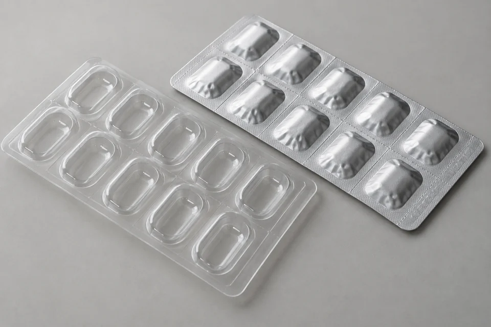 A clear thermoformed pharmaceutical blister sheet with regular empty cavities beside a foil sealed sample strip, no drug names or lettering, realistic thin rigid film.