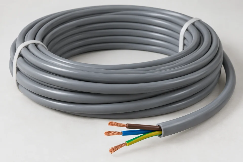 A neat coil of PVC insulated electrical cable and short cut sample revealing copper conductor and coloured insulated cores, realistic product close-up.