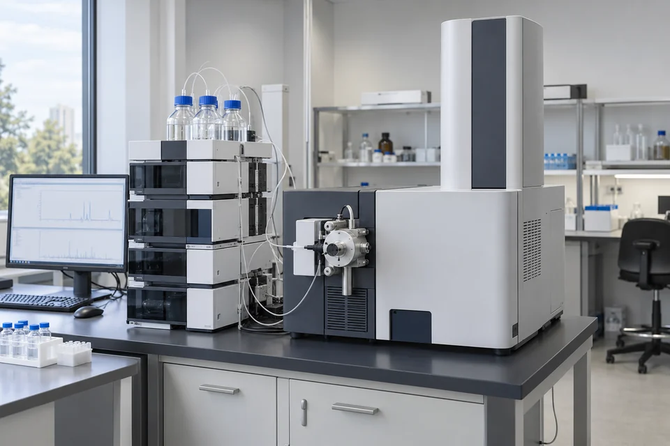 A full unbranded quadrupole time-of-flight mass spectrometer instrument with vertical enclosed analyser housing, front atmospheric ion source and adjacent LC stack, in an analytical laboratory.