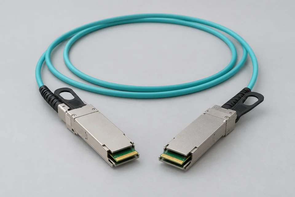 Complete fixed optical cable with two powered metal QSFP-style electrical ends and a continuous fibre coil