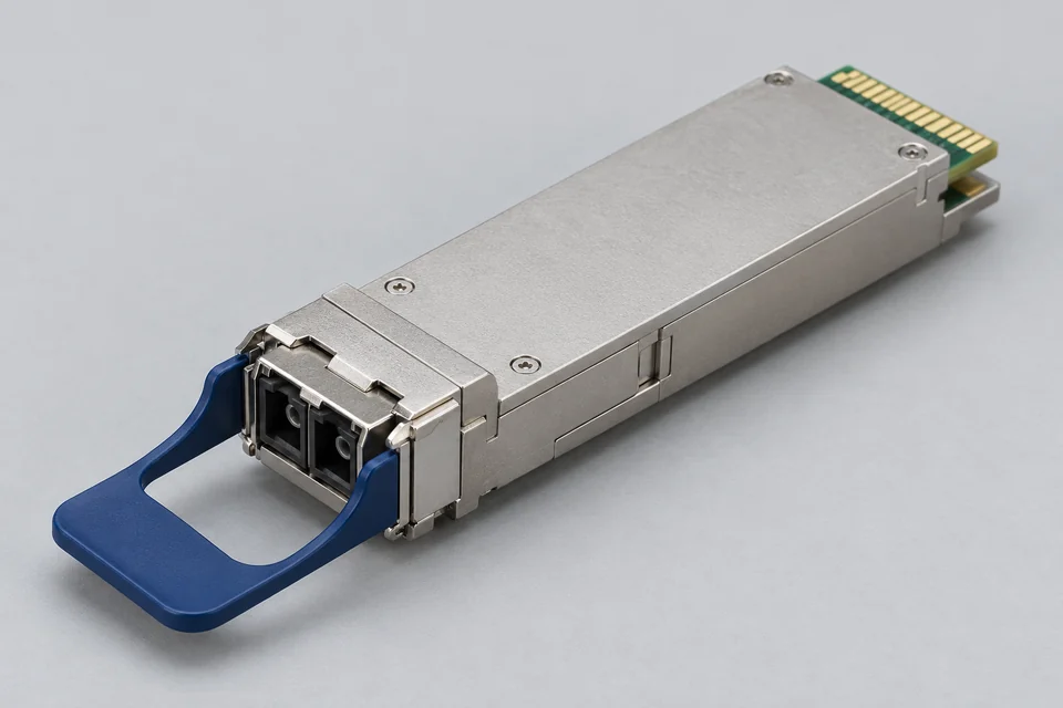 Metal QSFP-style optical module with two LC sockets, release tab and wide host connector tongue