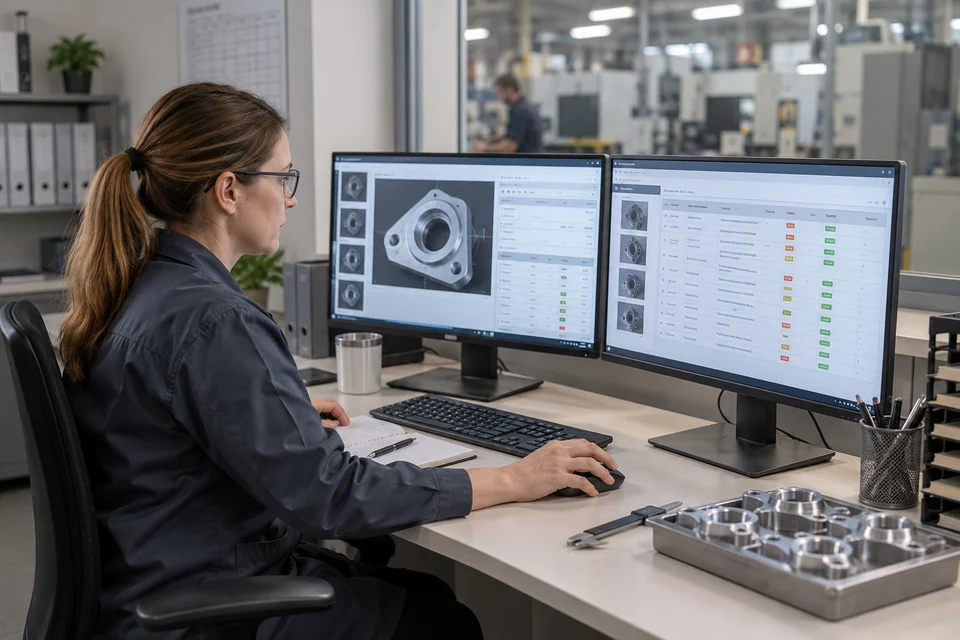 quality management software represented by quality engineer reviewing inspection and corrective action records on a workstation, realistic factory office