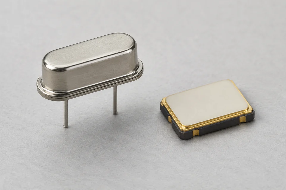 two unbranded quartz crystal oscillator metal and ceramic packages on a neutral surface