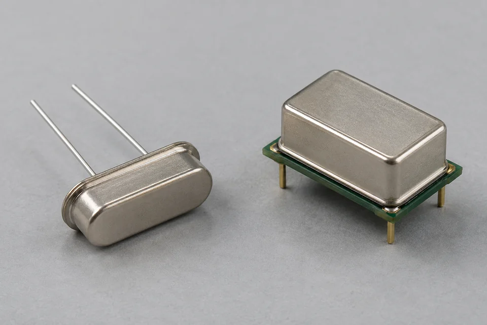 quartz crystal resonator in a small metal package alongside a complete oscillator package, unbranded electronic components
