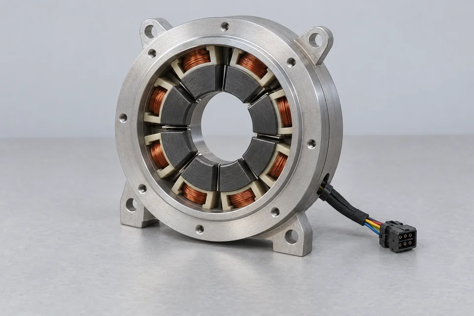 Annular radial magnetic-bearing actuator with exposed inward-facing pole tips and electrical harness