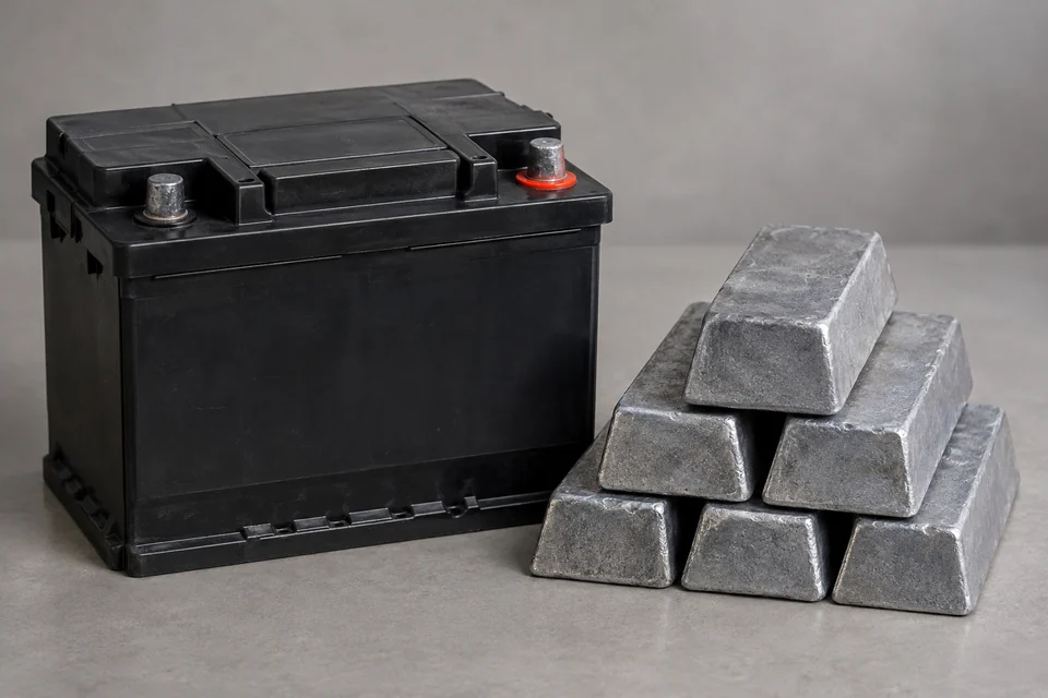 recycled lead acid battery represented by intact lead acid battery case beside clean recovered lead ingots