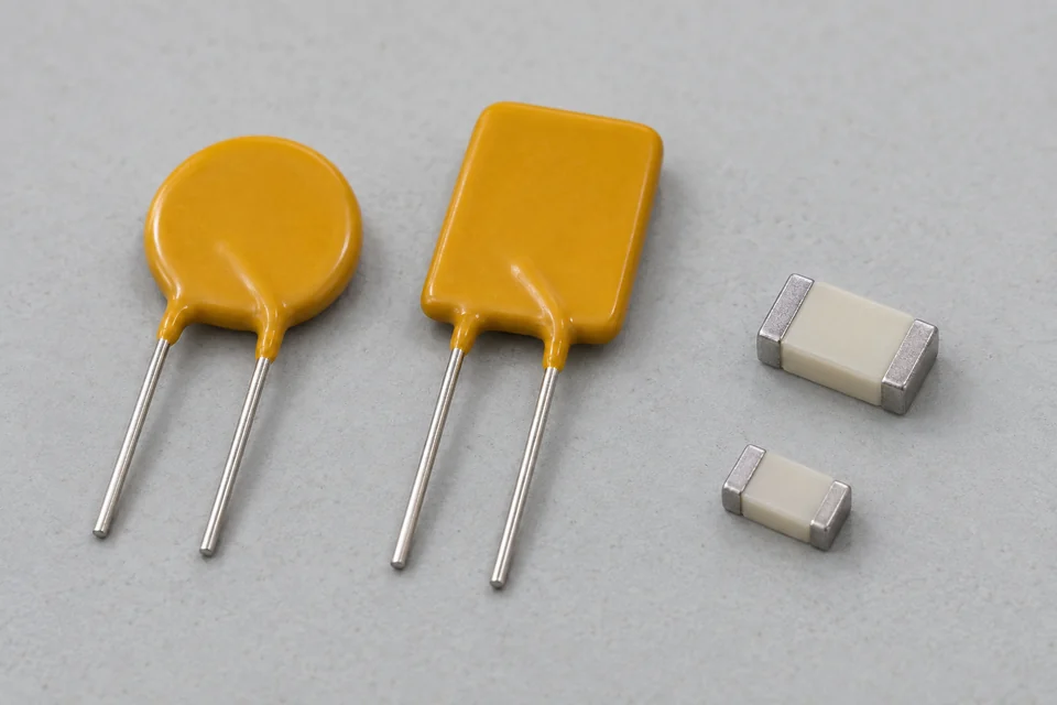 Two lead-mounted yellow PTC protection components and two small surface-mount packages with metal end terminations on an electronics workbench.