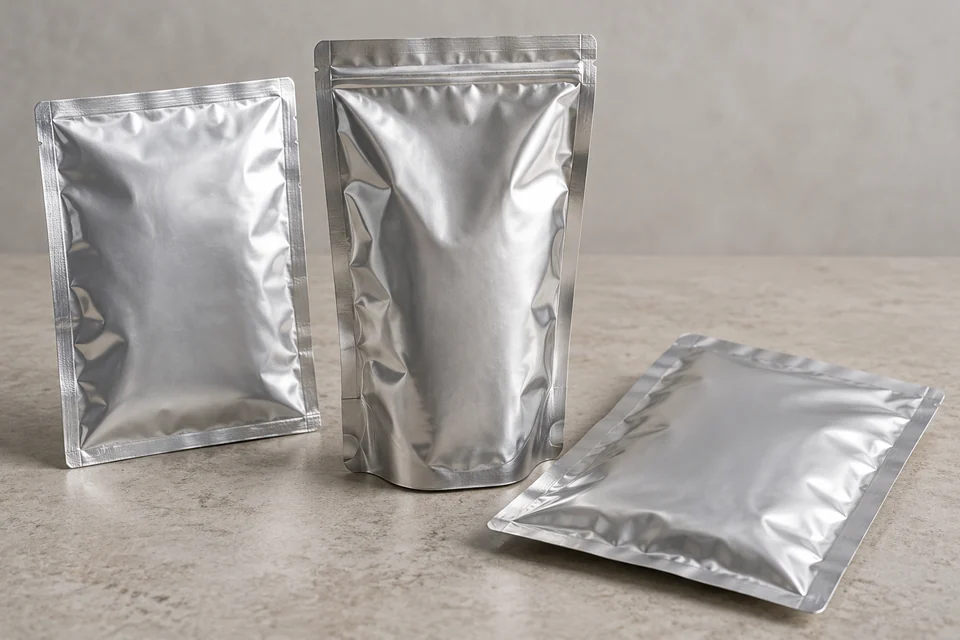 Three unbranded sealed retort food pouches with metallic laminate surfaces and heat sealed edges, one standing gusseted pouch and two flat pouches, studio view.