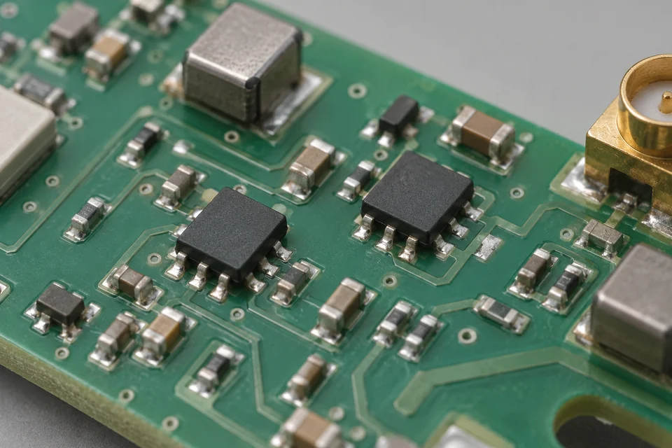 small RF low-dropout voltage regulator semiconductor packages on a circuit board with no legible labels