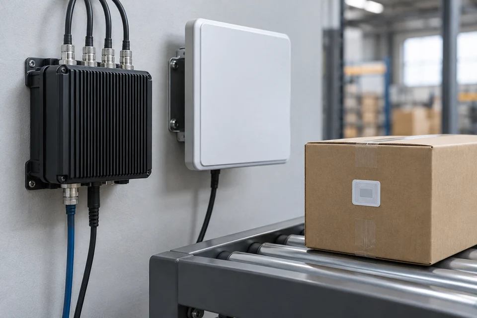 A fixed industrial RFID reader with four antenna connector ports beside a slim square antenna panel and tagged cardboard carton, realistic hardware application photo.