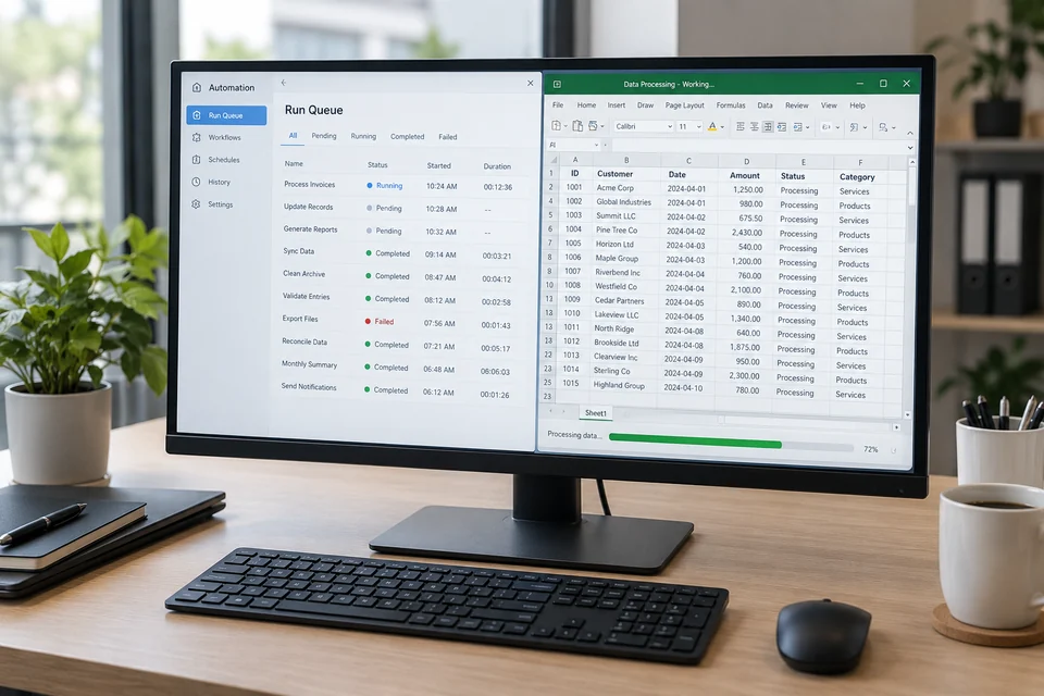 An office workstation monitor displaying a generic automation run queue and a spreadsheet being processed, realistic software application scene, no robots or flow diagram.