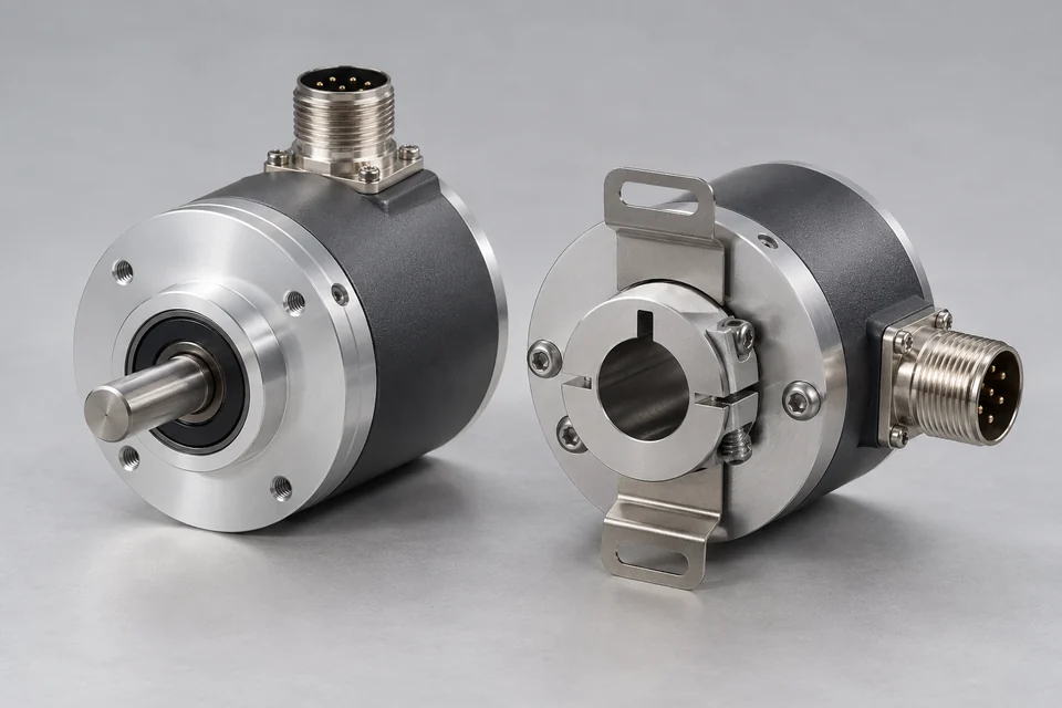 Two industrial rotary encoders, one solid shaft and one hollow shaft with clamp mount, metal cylindrical housings and electrical connectors, close catalogue photo.