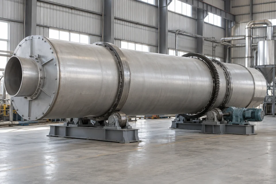 large horizontal rotary steam tube dryer with cylindrical shell and external drive in an industrial workshop