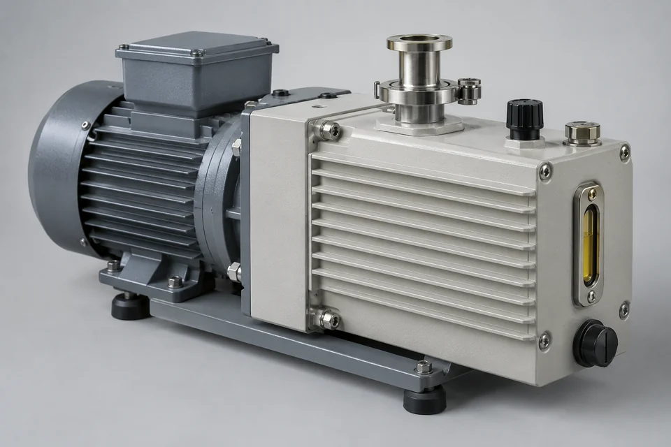 compact oil sealed rotary vane vacuum pump with motor, oil sight glass and vacuum inlet, unbranded semiconductor support equipment