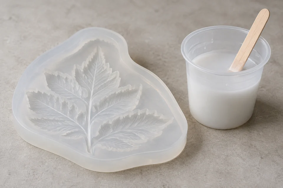 A natural translucent cured silicone mould with flexible rounded edges beside a small mixing cup of silicone compound, material product photo.