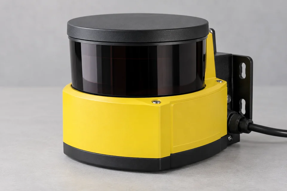 An industrial safety laser scanner with a broad dark curved optical window on a compact yellow base with rear mounting bracket, complete unbranded device.
