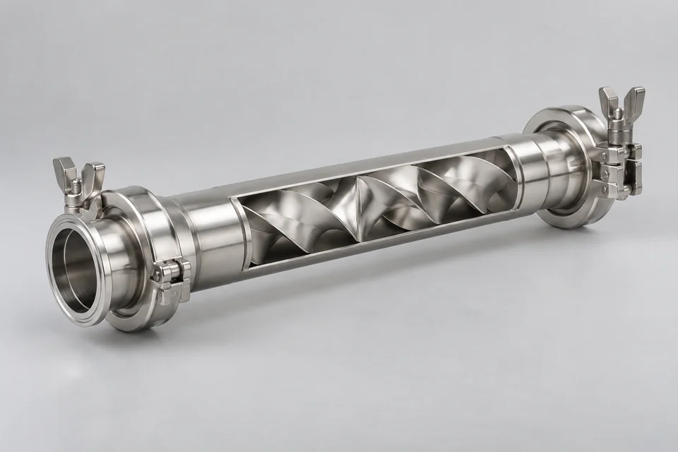 sanitary static mixer as a stainless tube assembly with hygienic clamp connections, complete exterior